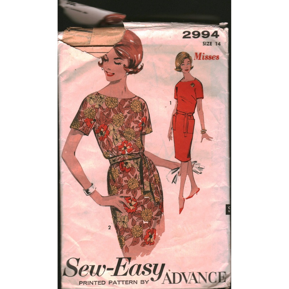 Vintage 1960s Advance 2994 Sew-Easy Dress Sewing Pattern Size 14 Bust 34 Pocket